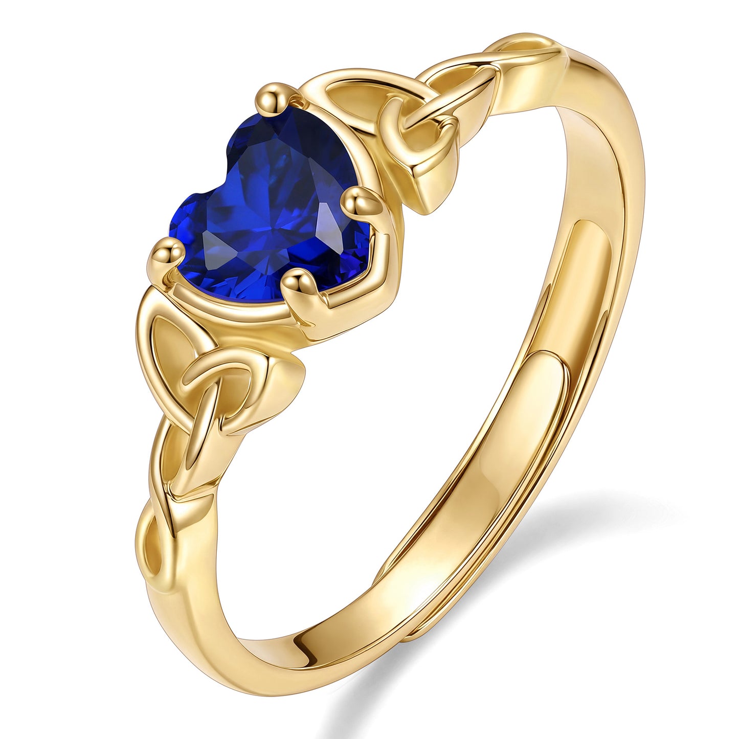 Gold Adjustable Celtic Knot September Birthstone Heart Ring on a white background