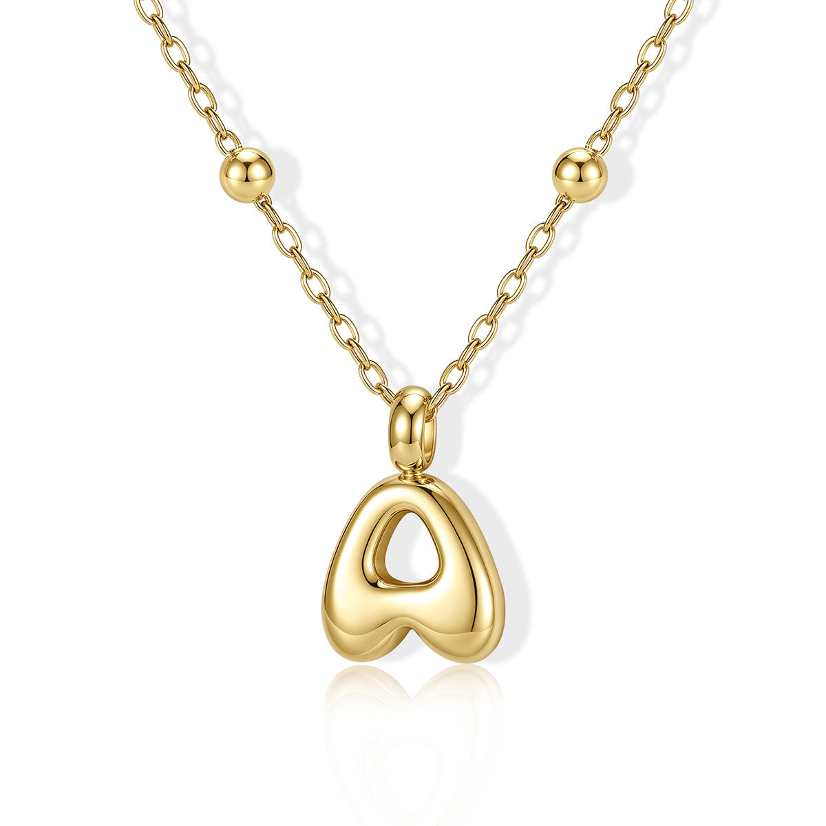 Gold Bubble Initial A Necklace for Women on a white background