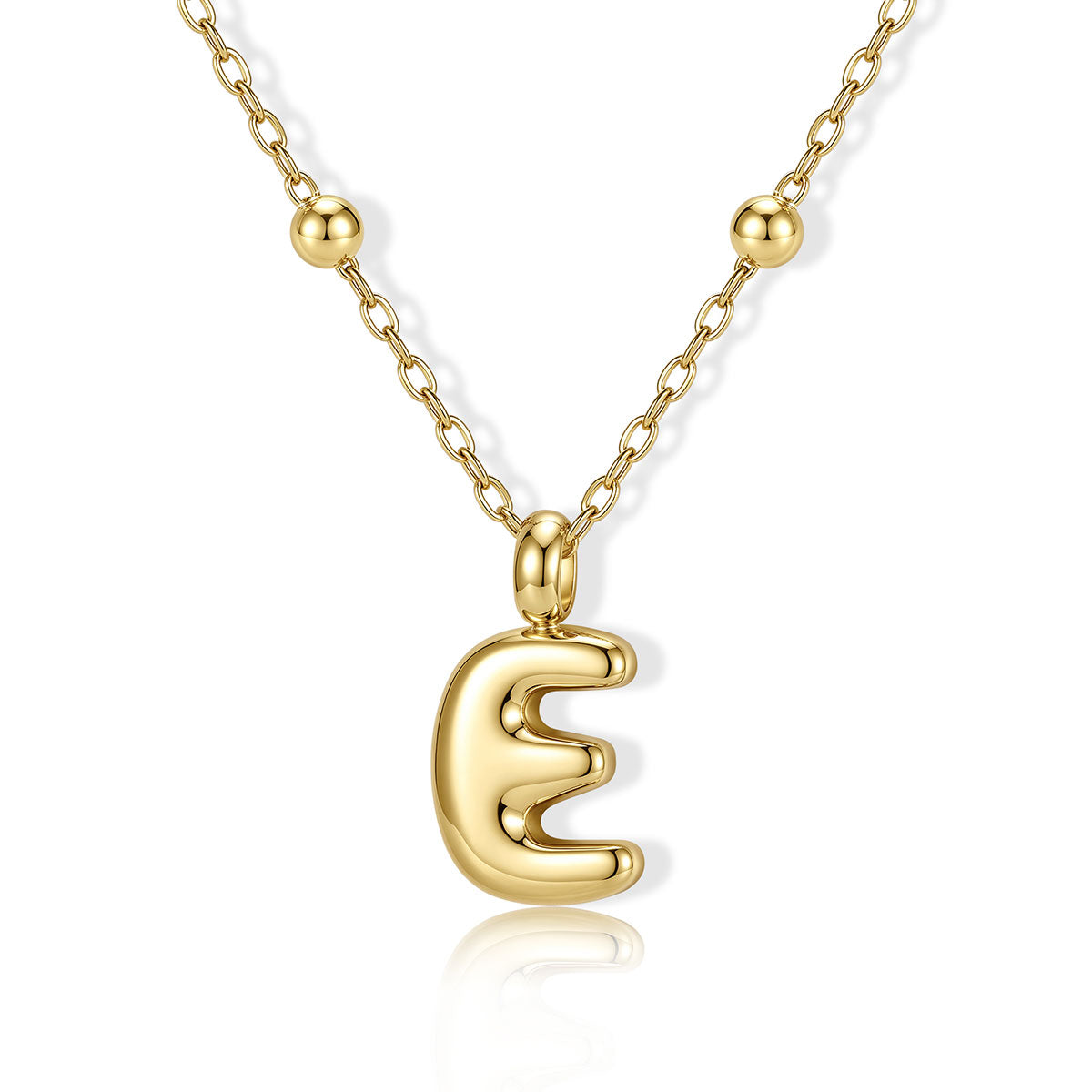 Gold Bubble Initial E Necklace for Women on a white background