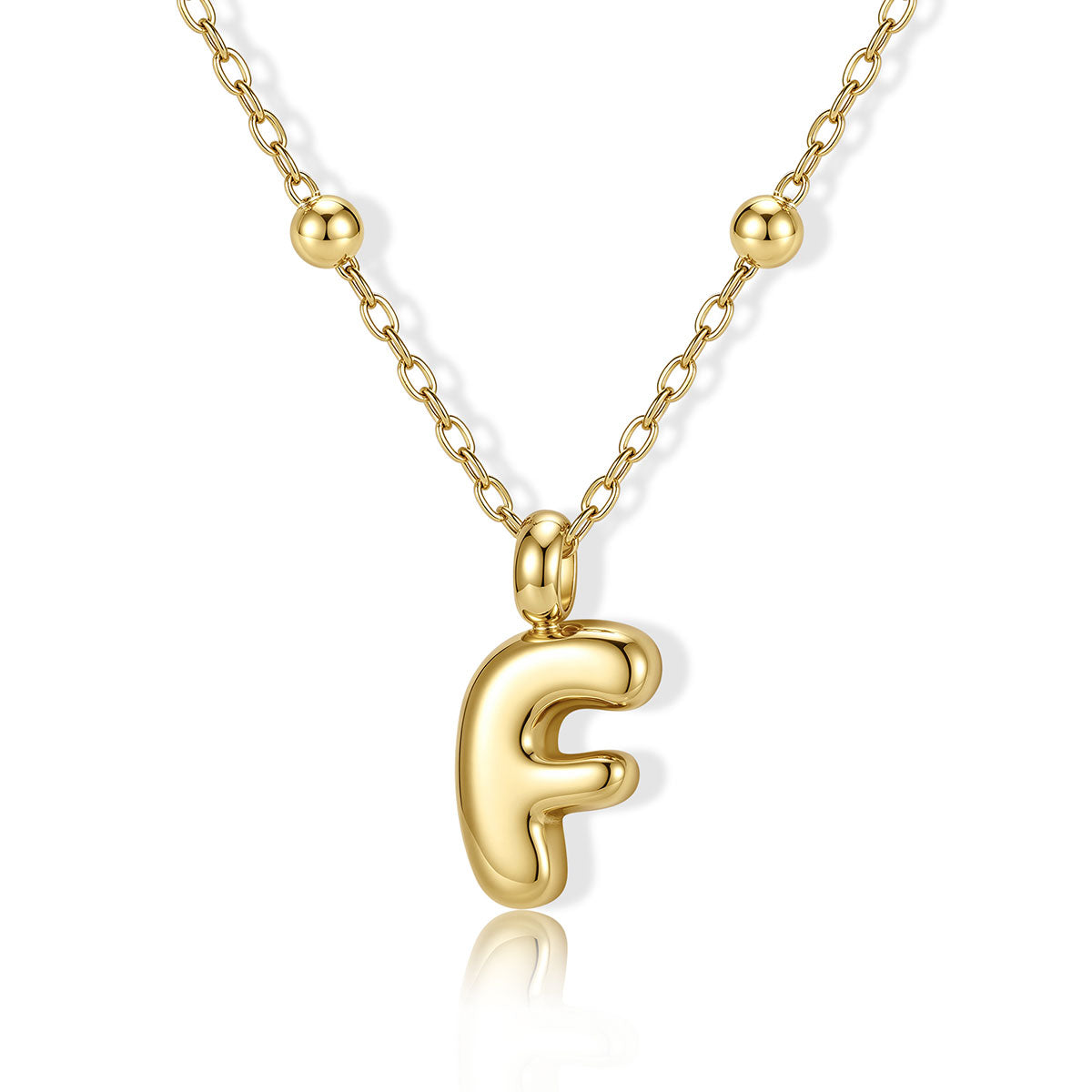 Gold Bubble Initial F Necklace for Women on a white background
