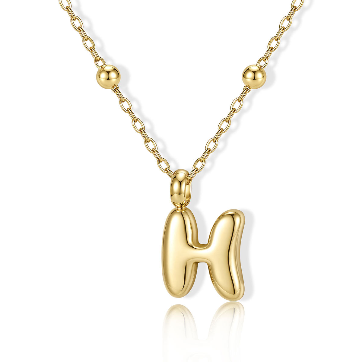 Gold Bubble Initial H Necklace for Women on a white background