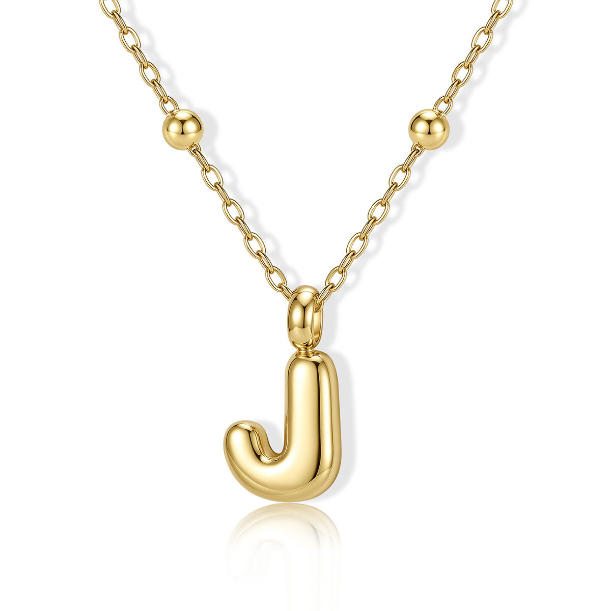 Gold Bubble Initial J Necklace for Women on a white background