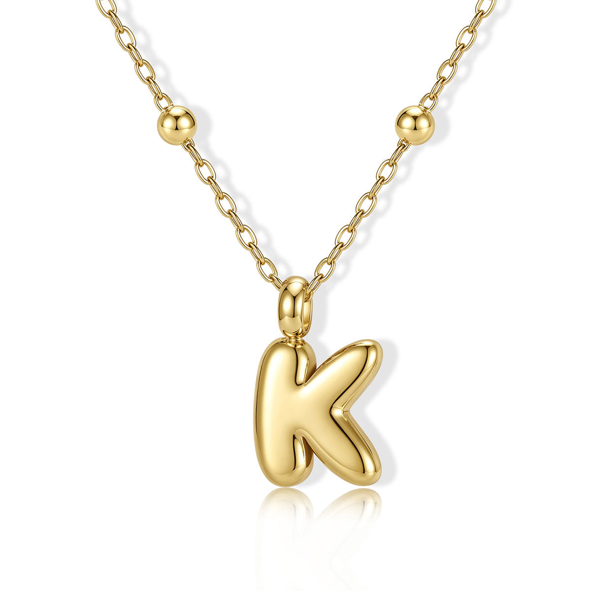 Gold Bubble Initial K Necklace for Women on a white background