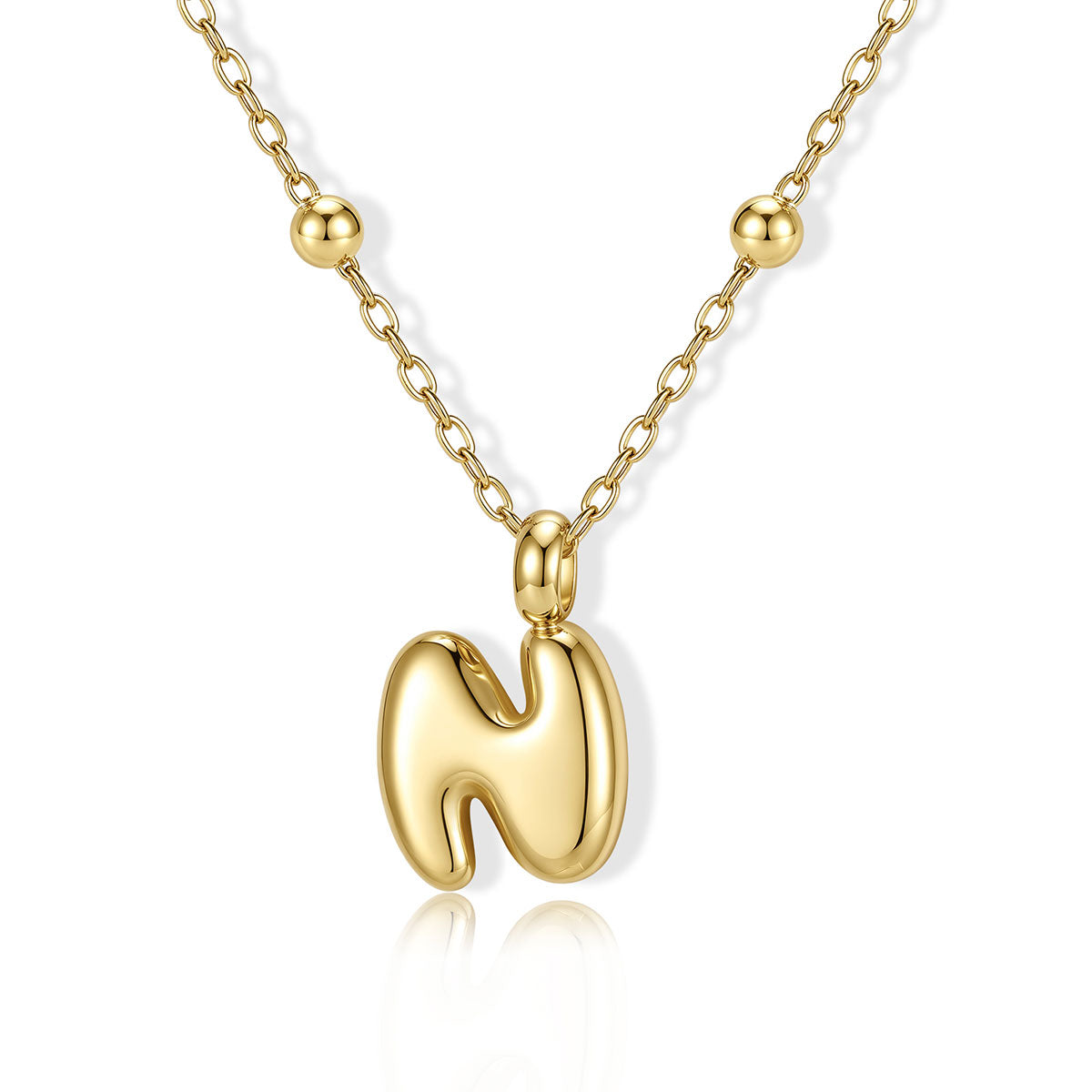 Gold Bubble Initial N Necklace for Women on a white background