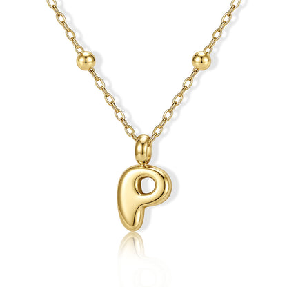 Gold Bubble Initial P Necklace for Women on a white background