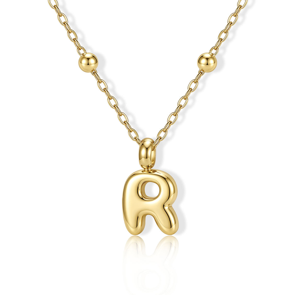 Gold Bubble Initial R Necklace for Women on a white background
