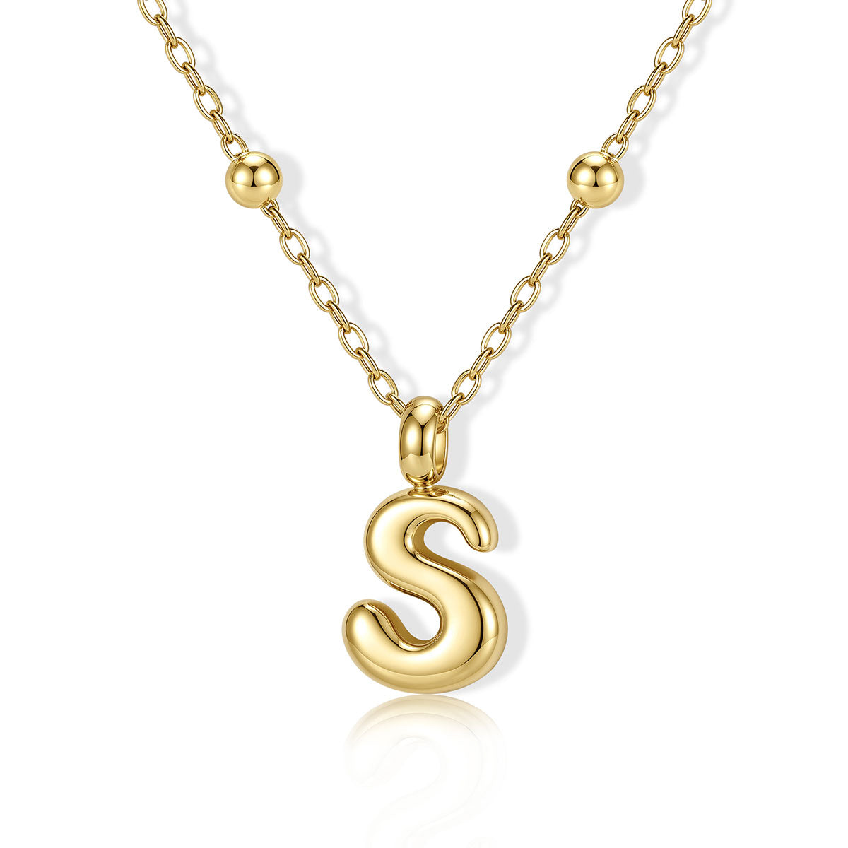 Gold Bubble Initial S Necklace for Women on a white background