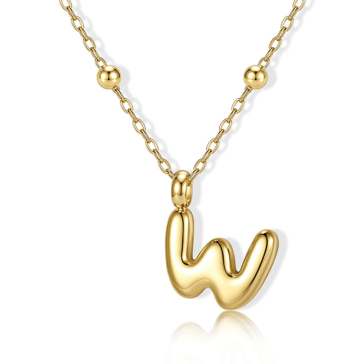 Gold Bubble Initial W Necklace for Women on a white background