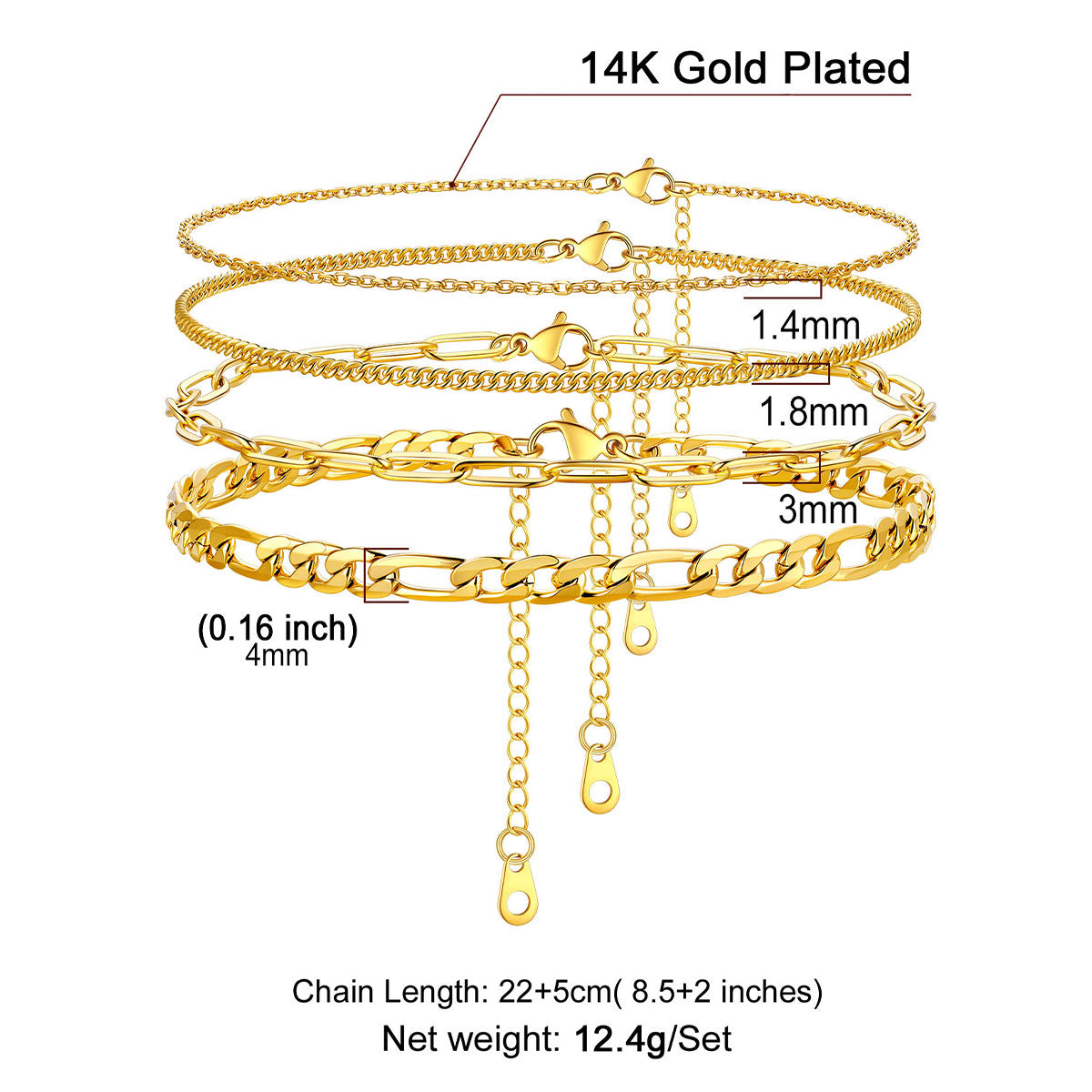 Gold Cuban Figaro Paperclip Link Anklet Set  Dimension, Durable