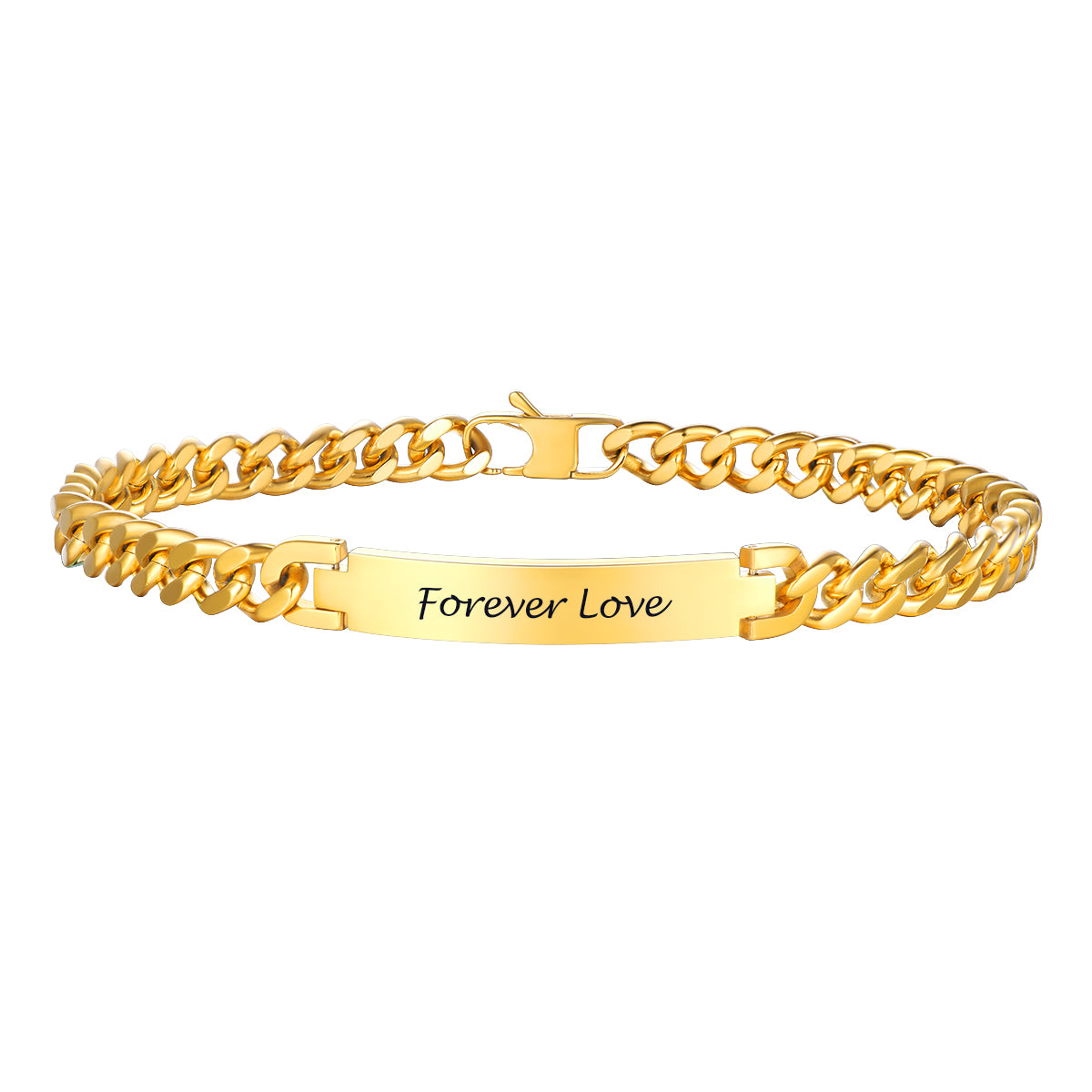 Gold Cuban chain necklace with 'Forever Love' engraving on a white background