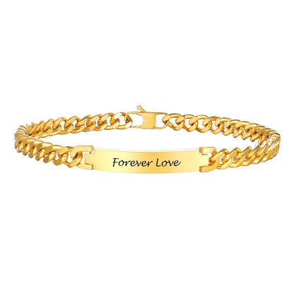 Gold Cuban chain necklace with 'Forever Love' engraving on a white background