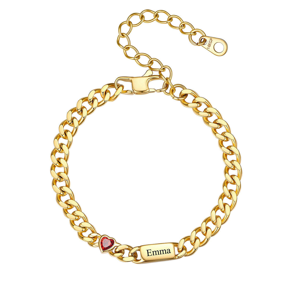 Gold Custom 1 Name Cuban Chain Bracelet with Haert Birthstone