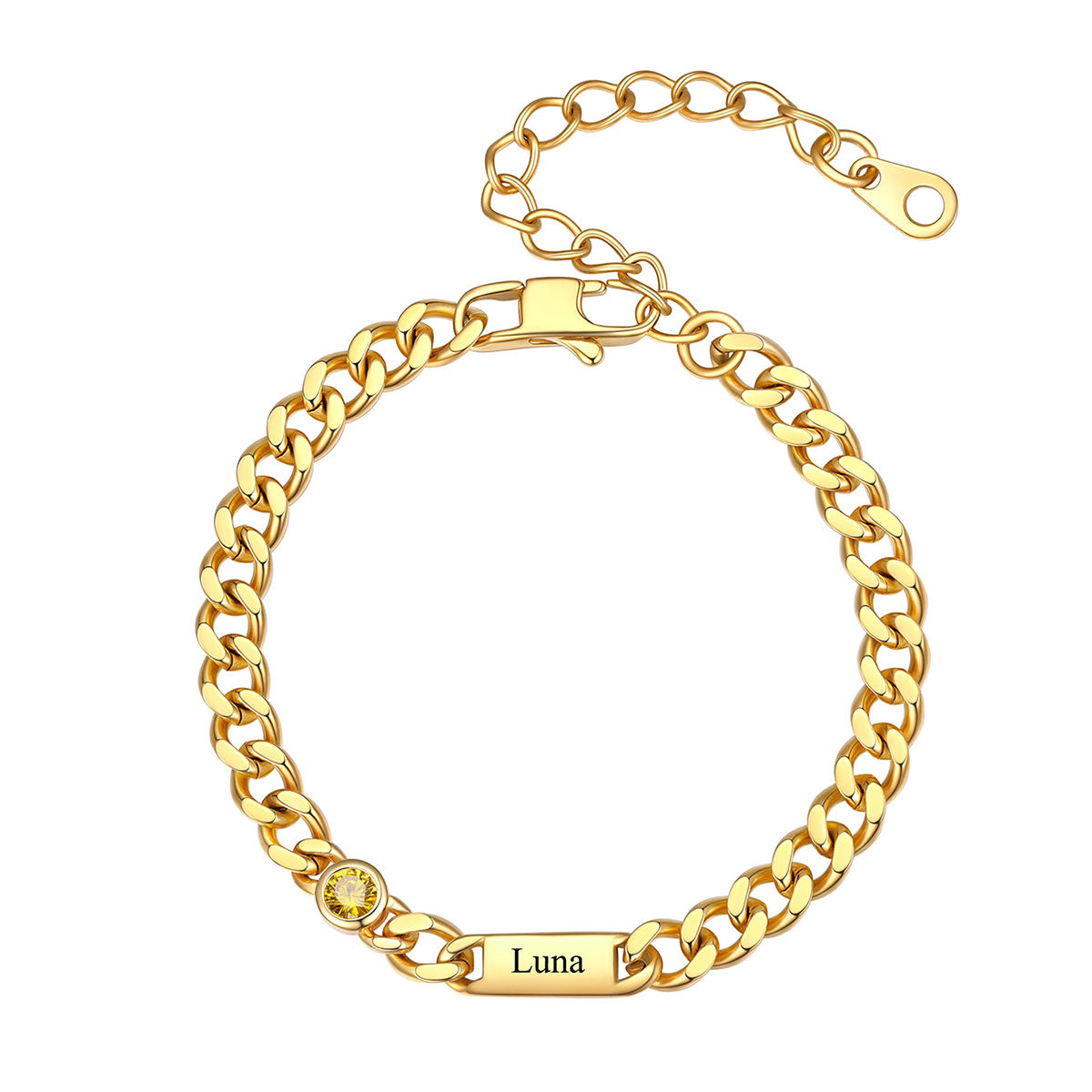 Gold Custom 1 Name Cuban Chain Bracelet with Round Birthstone on a white background