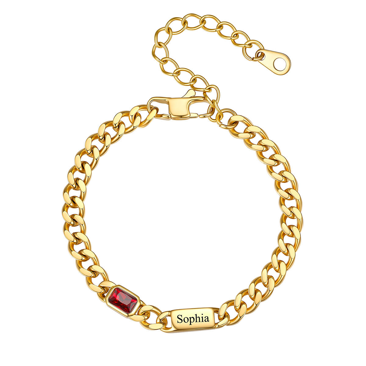Gold Custom 1 Name Cuban Chain Bracelet with rectangle Birthstone on a white background