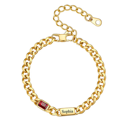 Gold Custom 1 Name Cuban Chain Bracelet with rectangle Birthstone on a white background