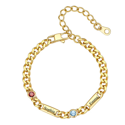Gold Custom 2 Name Cuban Chain Bracelet with Round Birthstone on a white background