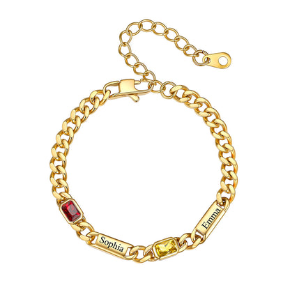 Gold Custom 2 Name Cuban Chain Bracelet with rectangle Birthstone on a white background