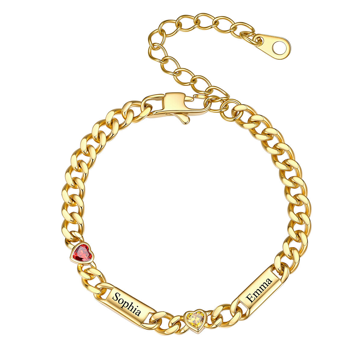 Gold Custom 2 Names Cuban Chain Bracelet with Haert Birthstone