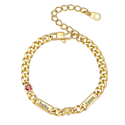 Gold Custom 2 Names Cuban Chain Bracelet with Haert Birthstone