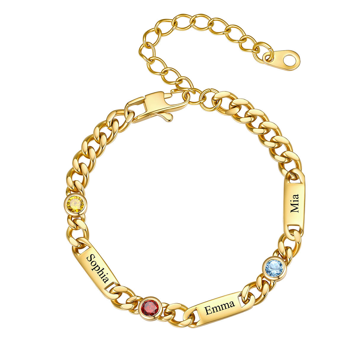 Gold Custom 3 Name Cuban Chain Bracelet with Round Birthstone on a white background