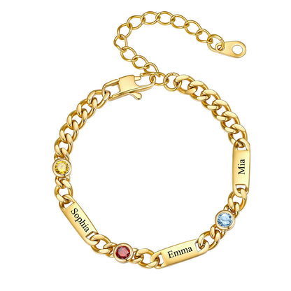 Gold Custom 3 Name Cuban Chain Bracelet with Round Birthstone on a white background