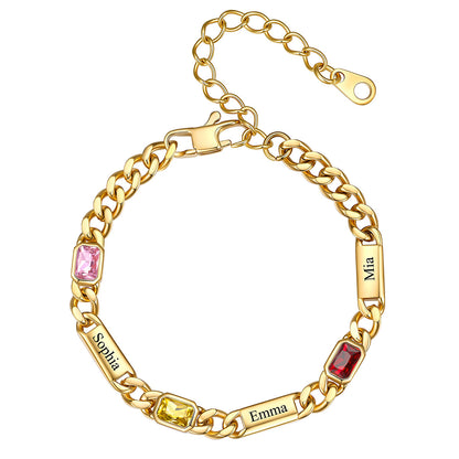 Gold Custom 3 Name Cuban Chain Bracelet with rectangle Birthstone on a white background
