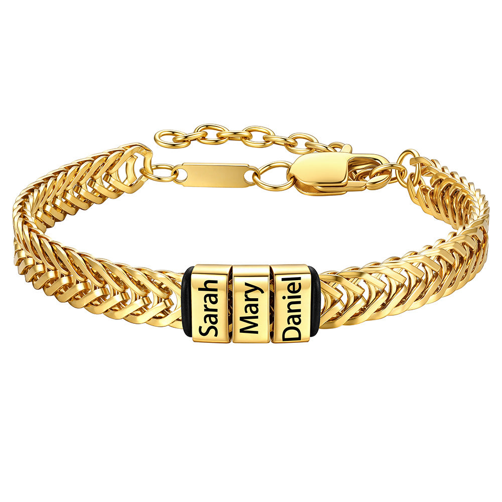 Gold Custom 3 Names Chain Bracelet for Men on a white background