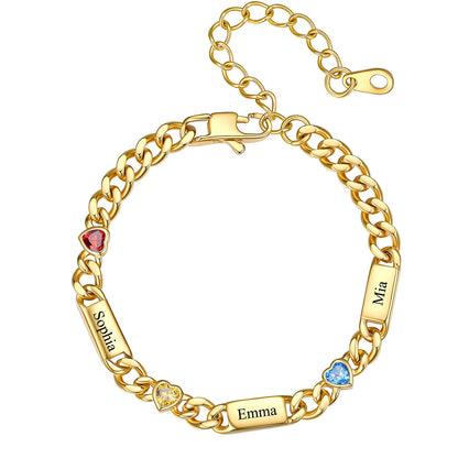 Gold Custom 3 Names Cuban Chain Bracelet with Haert Birthstone