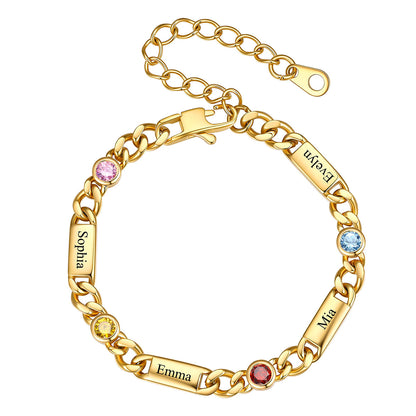 Gold Custom 4 Name Cuban Chain Bracelet with Round Birthstone on a white background