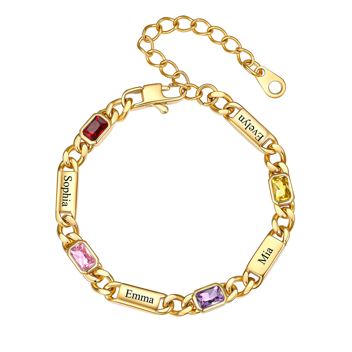 Gold Custom 4 Name Cuban Chain Bracelet with rectangle Birthstone on a white background