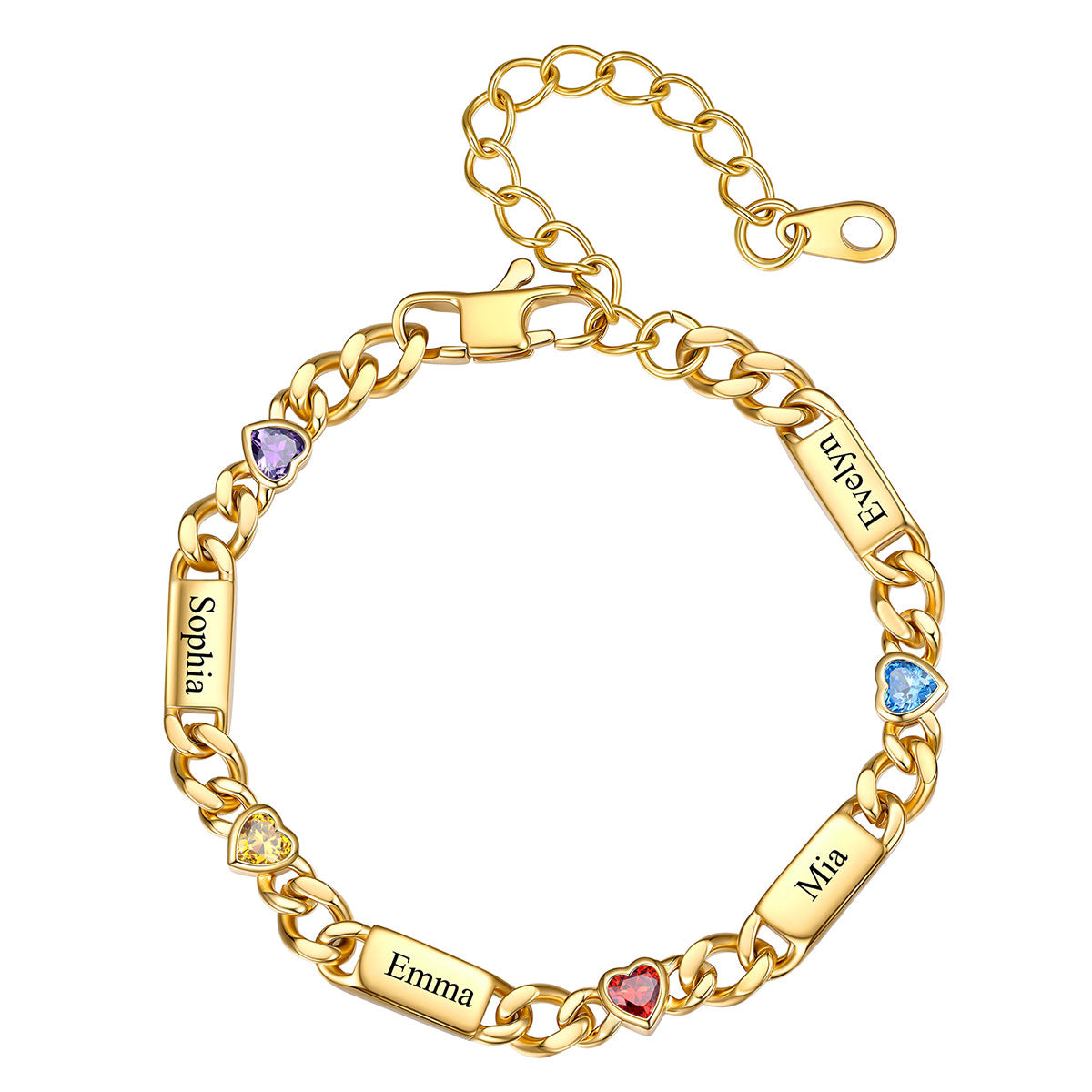 Gold Custom 4 Names Cuban Chain Bracelet with Haert Birthstone