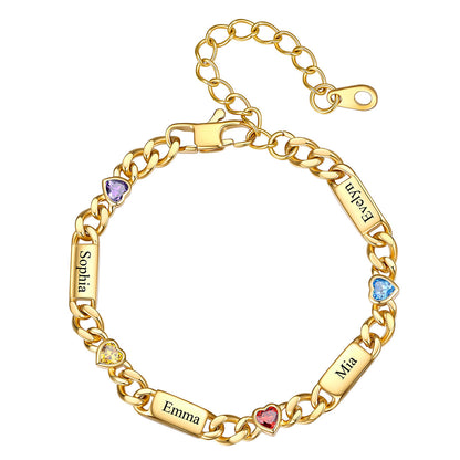 Gold Custom 4 Names Cuban Chain Bracelet with Haert Birthstone