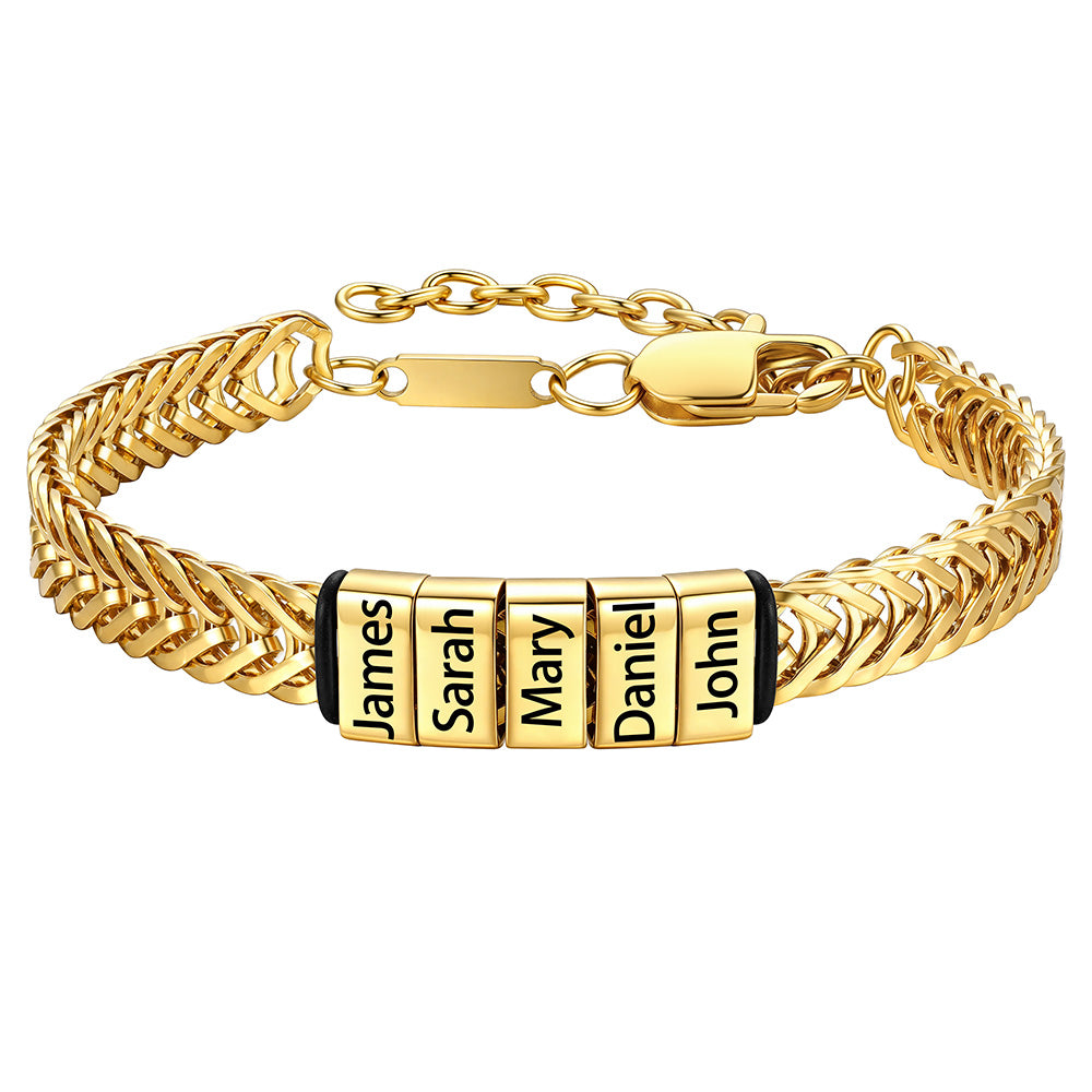 Gold Custom 5 Names Chain Bracelet for Men on a white background