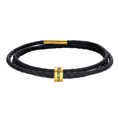 Gold Custom Engraved 1 Name Beads Leather Bracelet for Men Women on a white background