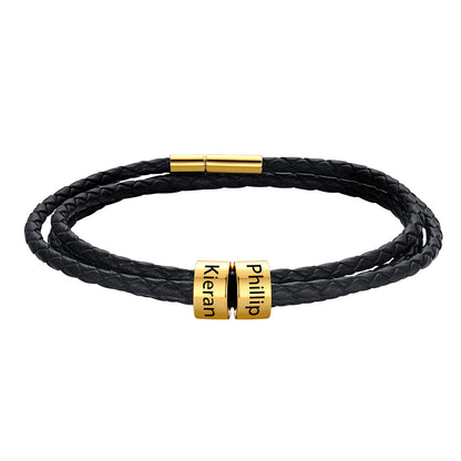 Gold Custom Engraved 2 Names Beads Leather Bracelet for Men Women on a white background