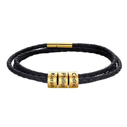 Gold Custom Engraved 3 Names Beads Leather Bracelet for Men Women on a white background