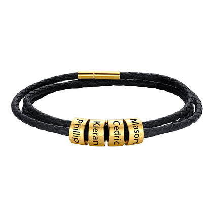 Gold Custom Engraved 4 Names Beads Leather Bracelet for Men Women on a white background