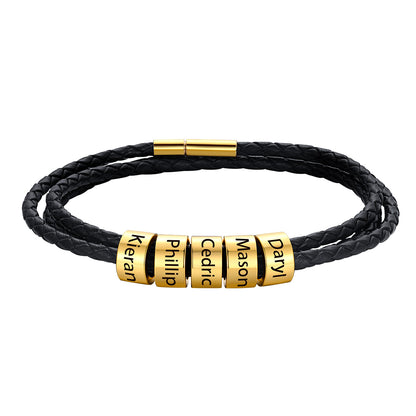 Gold Custom Engraved 5 Names Beads Leather Bracelet for Men Women on a white background