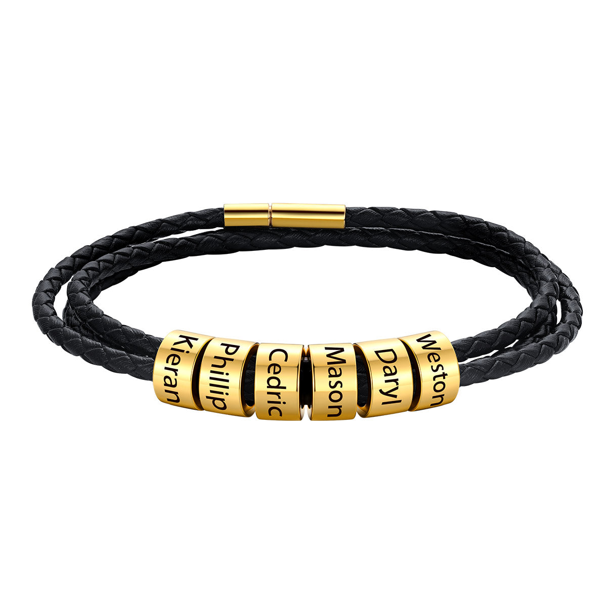 Gold Custom Engraved 6 Names Beads Leather Bracelet for Men Women on a white background