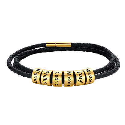 Gold Custom Engraved 6 Names Beads Leather Bracelet for Men Women on a white background