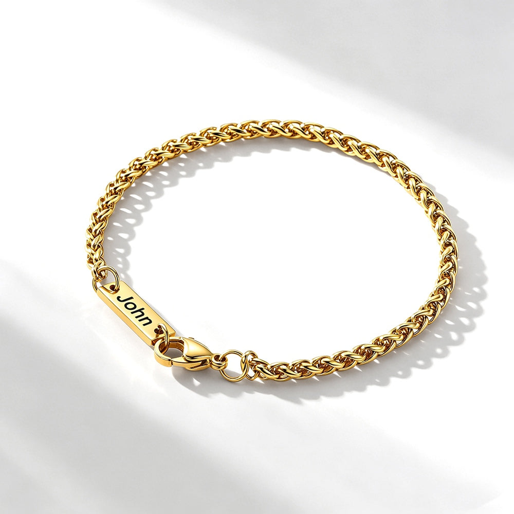 Gold Custom Engraved Bar Box Chain Bracelet for Women on a white background