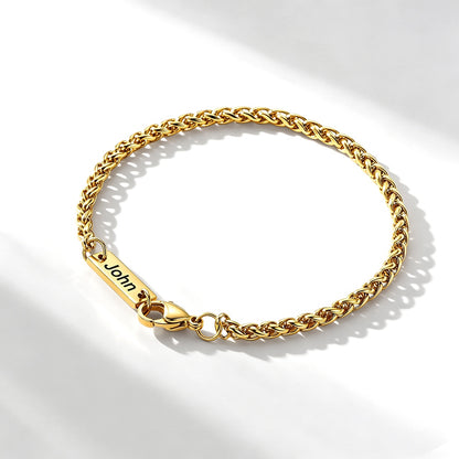 Gold Custom Engraved Bar Box Chain Bracelet for Women on a white background