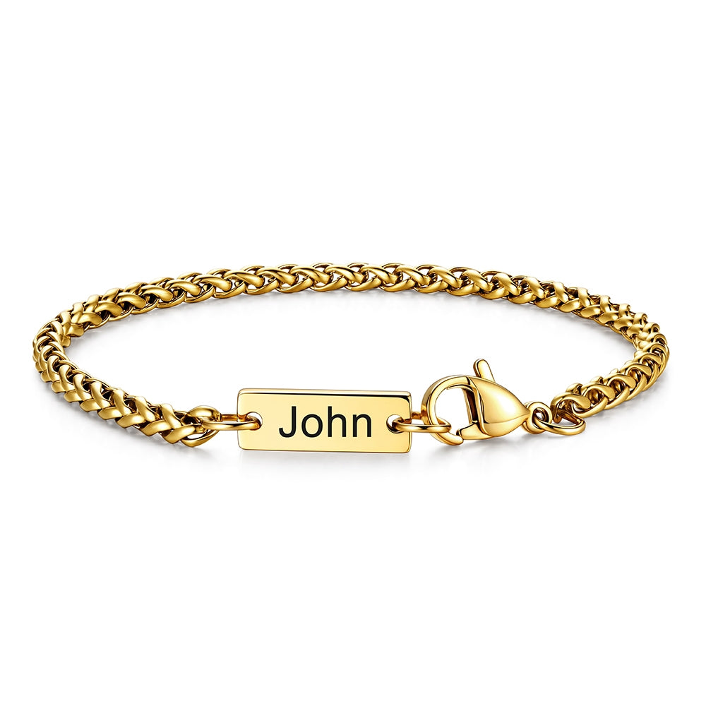Gold Custom Engraved Bar Box Chain Bracelet for Women with rose greeting card