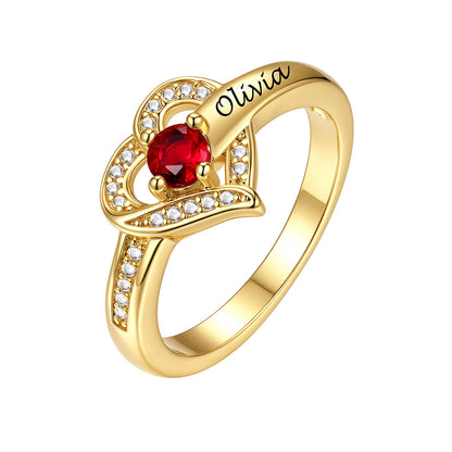 Gold Custom Heart Birthstone Rings for Women Custom 1 Name