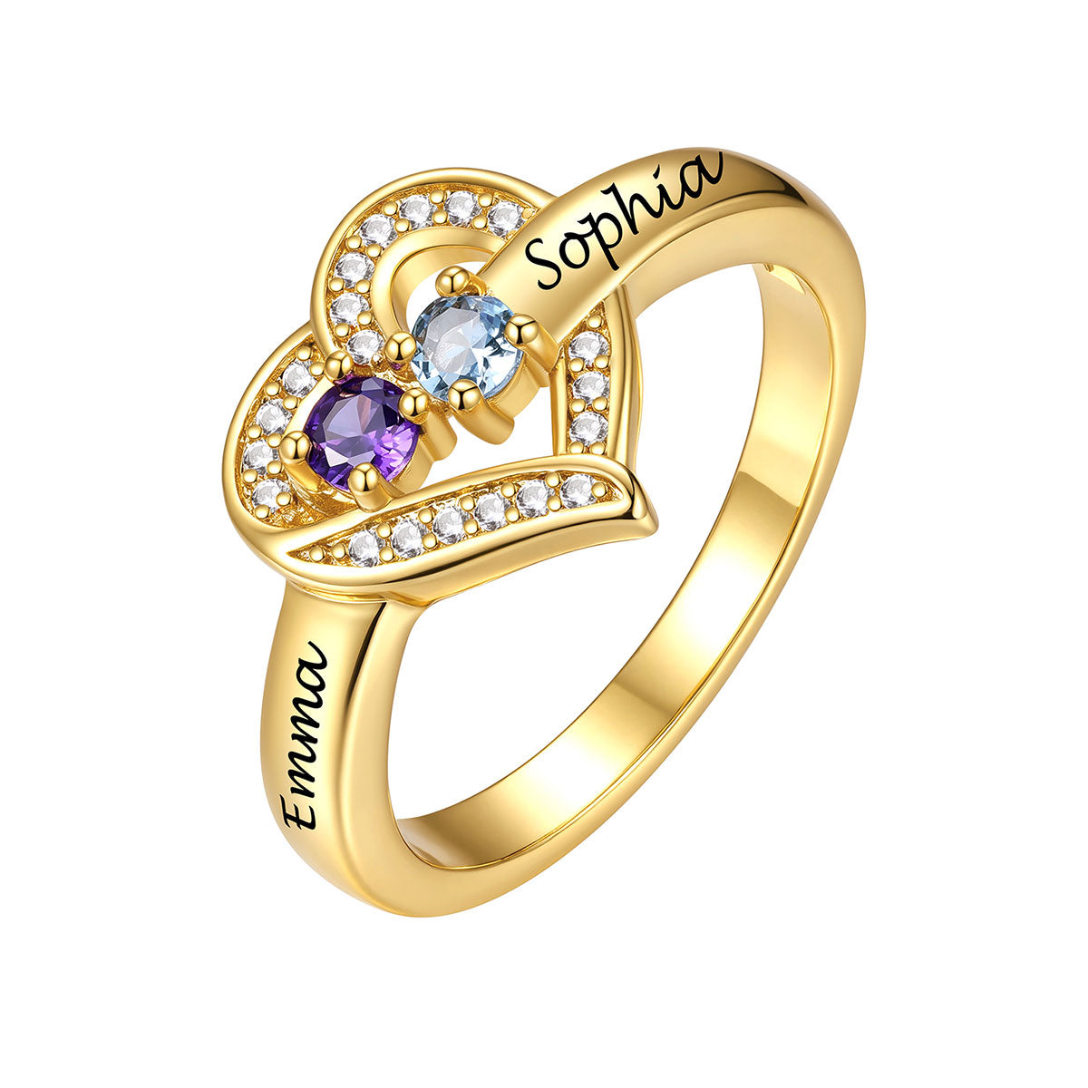 Gold Custom Heart Birthstone Rings for Women Custom 2 Name