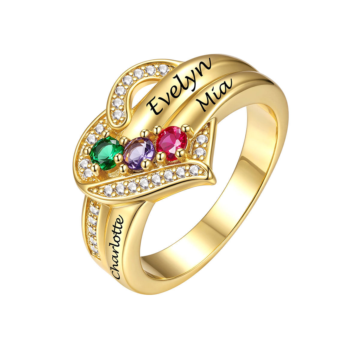 Gold Custom Heart Birthstone Rings for Women Custom 3 Name