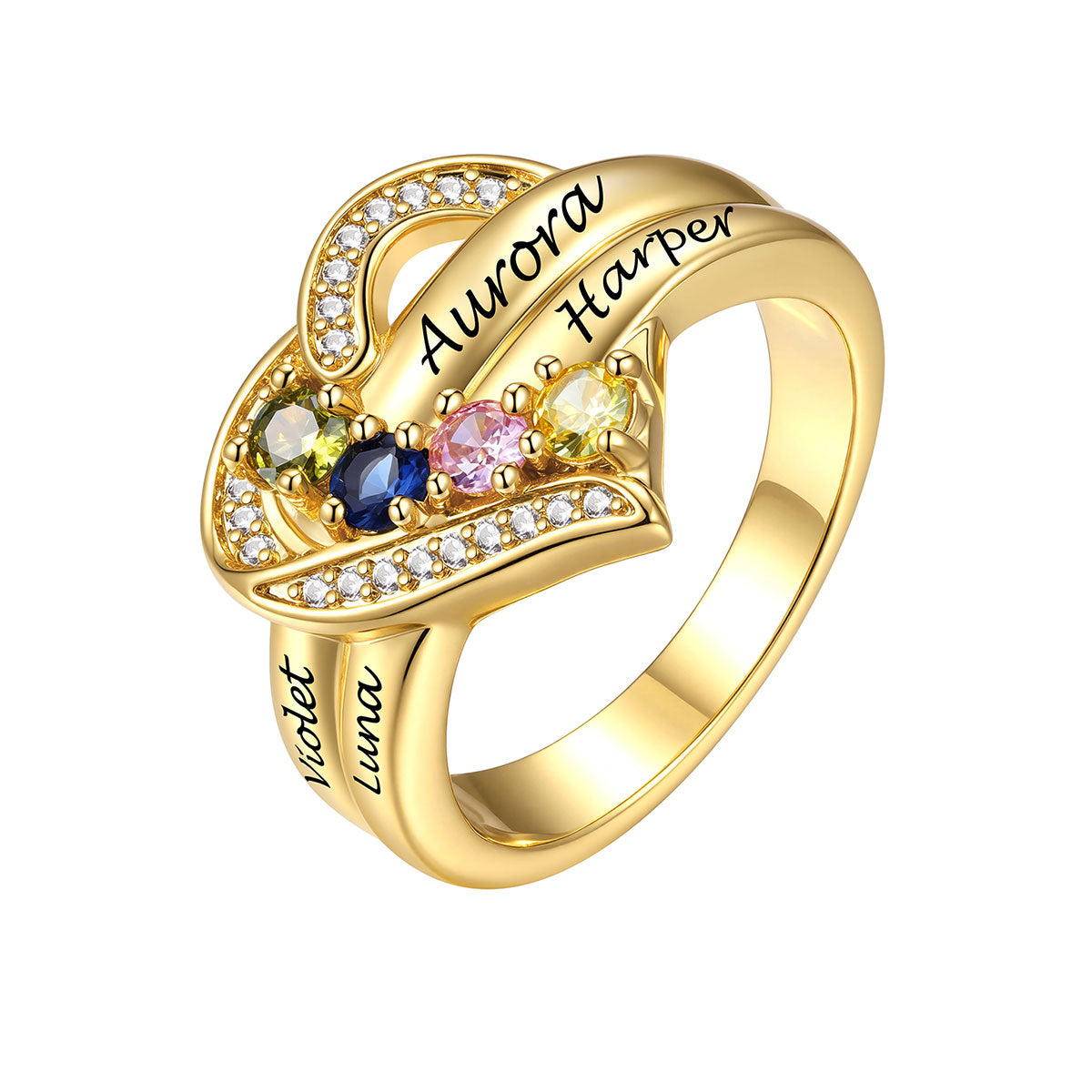 Gold Custom Heart Birthstone Rings for Women Custom 4 Name