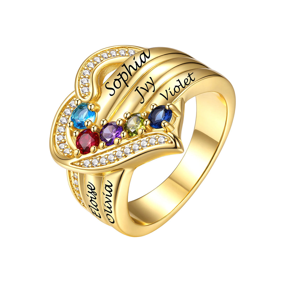 Gold Custom Heart Birthstone Rings for Women Custom 5 Names