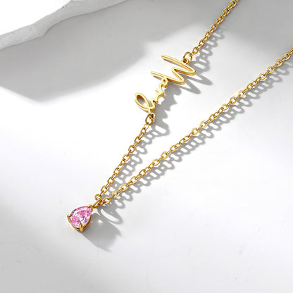 Gold Custom Sideways Name Birthstone Necklace for Women  on a white background