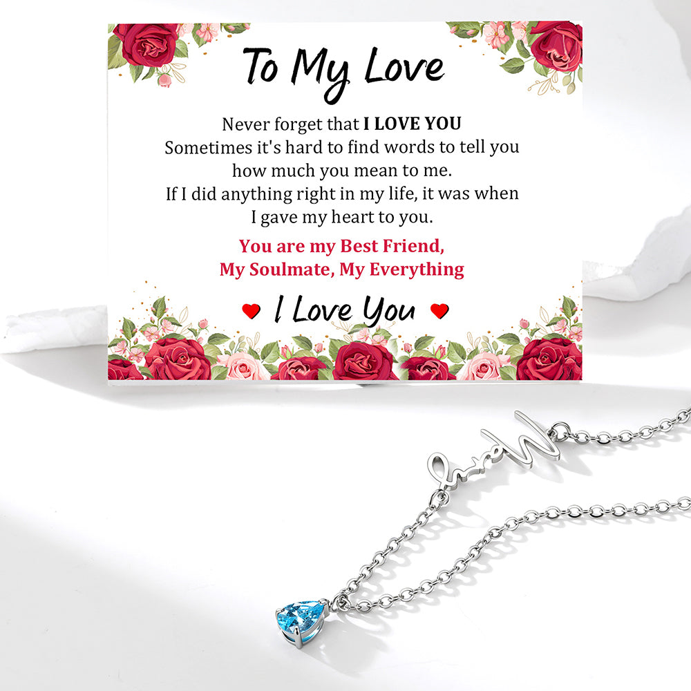 Gold Custom Sideways Name Birthstone Necklace for Women with a rose greeting card